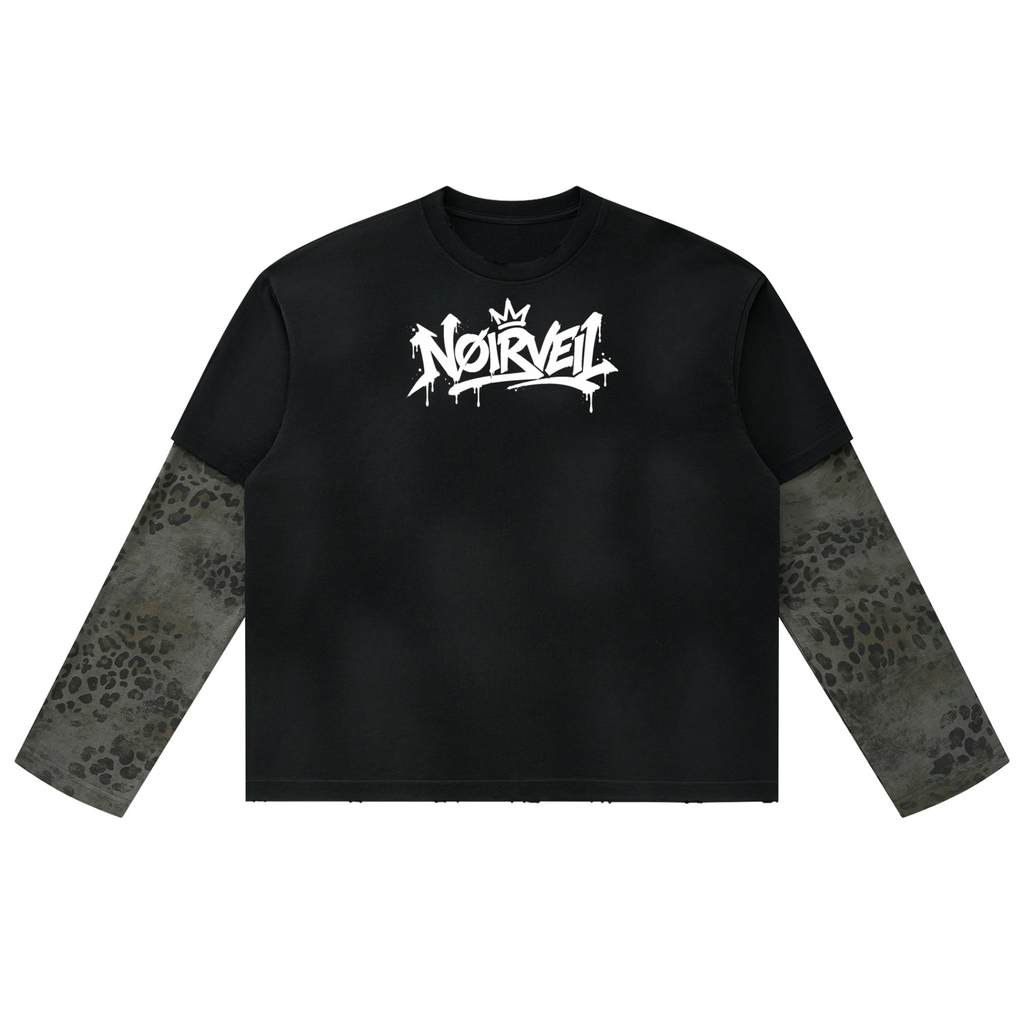 Unisex Vintage Wash Leopard Paneled Layer T-Shirt